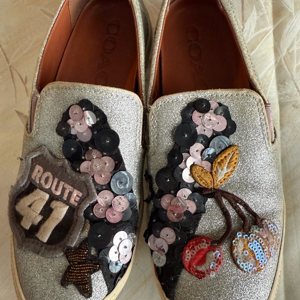Coach Glittering Silver Slip-Ons with Sequin Art